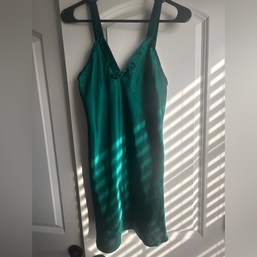 Emerald Green Satin Chemise with Spaghetti Straps